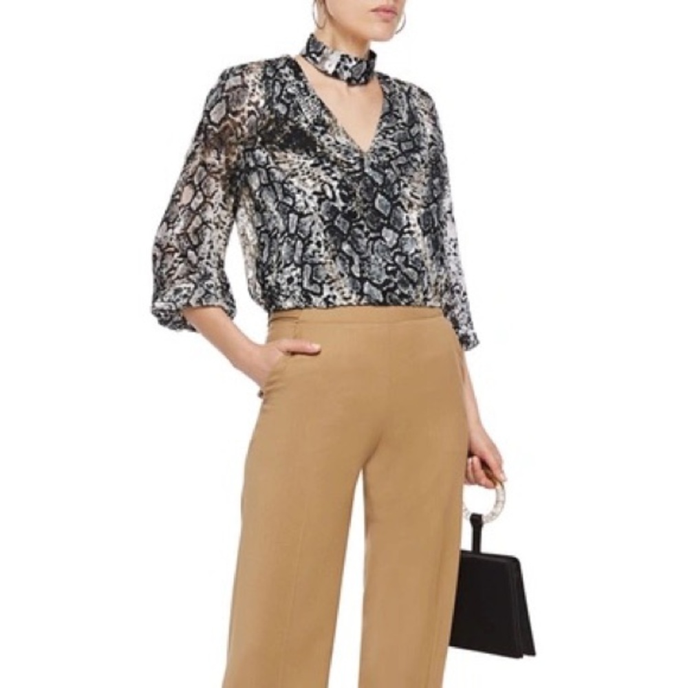 NWT Alice + Olivia Luba Gathered Snake-Print Burnout Crepe de Chine Blouse